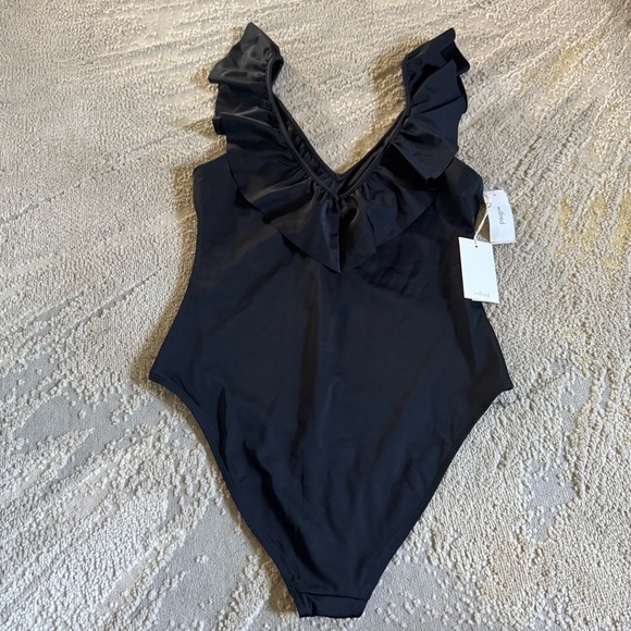 Aritzia Wilfred Danette Black Ruffle Bodysuit v neck plunge 72145 small new - Picture 4 of 7